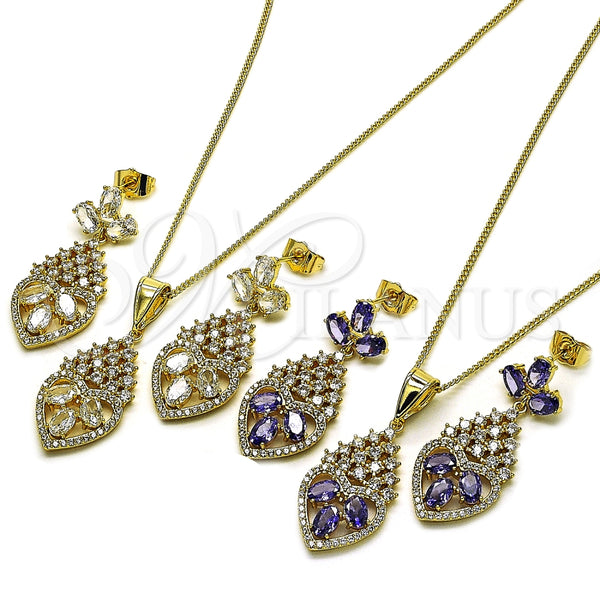 Juego de Arete y Dije de Adulto 10.282.0025.1 Oro Laminado, Diseño de Corazón y Gota, con Blanca Zirconia Cubica, Pulido, Tono Dorado