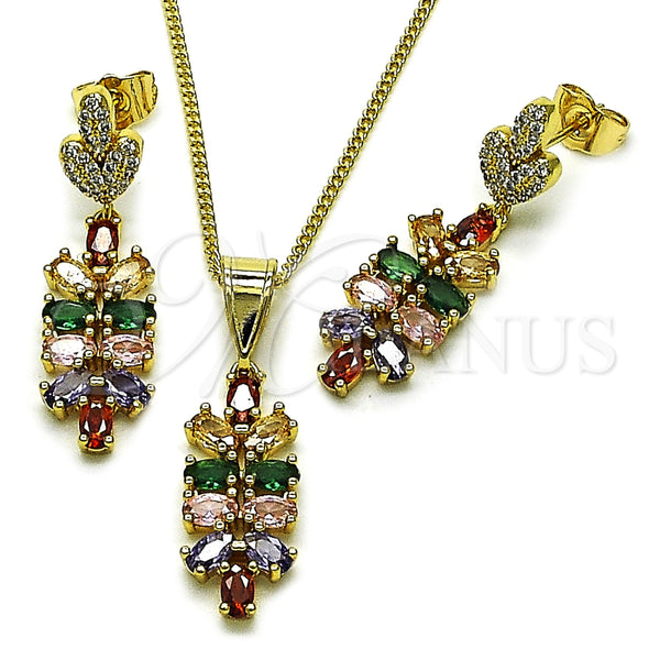 Juego de Arete y Dije de Adulto 10.282.0026 Oro Laminado, Diseño de Oja, con Multicolor Zirconia Cubica and Blanca Micro Pave, Pulido, Tono Dorado