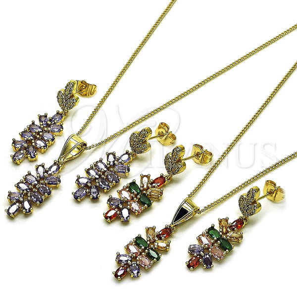 Juego de Arete y Dije de Adulto 10.282.0026 Oro Laminado, Diseño de Oja, con Multicolor Zirconia Cubica and Blanca Micro Pave, Pulido, Tono Dorado