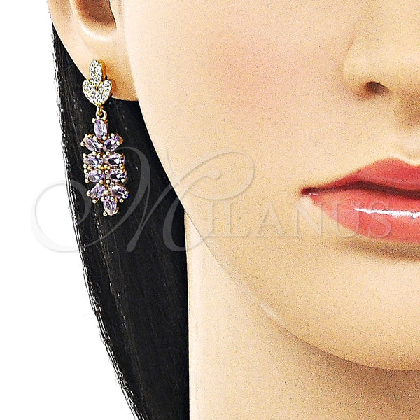 Arete Largo 02.282.0075.1 Oro Laminado, Diseño de Corazón, con Blanca Micro Pave and Amatista Zirconia Cubica, Pulido, Tono Dorado