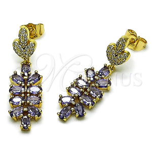 Arete Largo 02.282.0075.1 Oro Laminado, Diseño de Corazón, con Blanca Micro Pave and Amatista Zirconia Cubica, Pulido, Tono Dorado