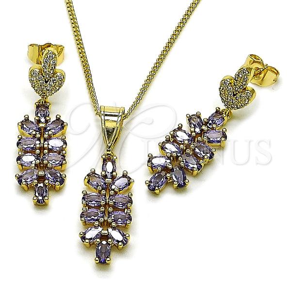 Juego de Arete y Dije de Adulto 10.282.0026.1 Oro Laminado, Diseño de Oja, con Blanca Micro Pave and Amatista Zirconia Cubica, Pulido, Tono Dorado