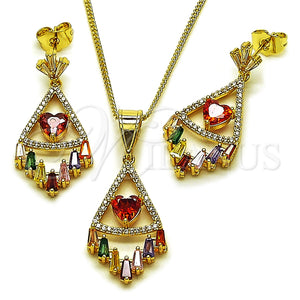 Juego de Arete y Dije de Adulto 10.282.0027 Oro Laminado, Diseño de Corazón y Baguette, con Zirconia Cubica Multicolor y Granate, Pulido, Tono Dorado