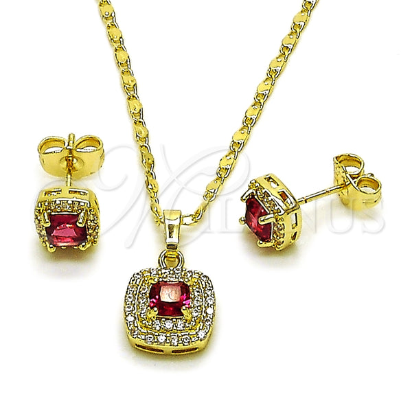 Juego de Arete y Dije de Adulto 10.196.0183.2 Oro Laminado, Diseño de Cluster, con Micro Pave Blanca y Zirconia Cubica Rubi, Pulido, Tono Dorado