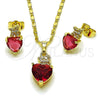 Juego de Arete y Dije de Adulto 10.196.0166.1 Oro Laminado, Diseño de Corazón y Mariposa, con Zirconia Cubica Rubi y Blanca, Pulido, Tono Dorado