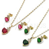 Juego de Arete y Dije de Adulto 10.196.0166.1 Oro Laminado, Diseño de Corazón y Mariposa, con Zirconia Cubica Rubi y Blanca, Pulido, Tono Dorado