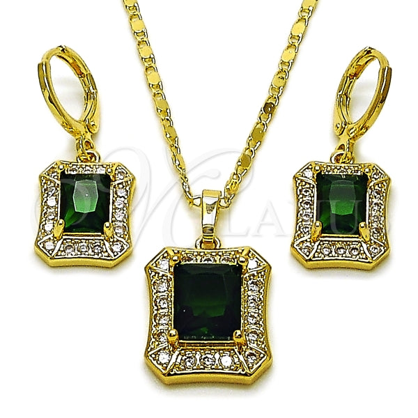 Juego de Arete y Dije de Adulto 10.196.0016.2 Oro Laminado, Diseño de Cluster, con Zirconia Cubica Verde y Micro PaveBlanca, Pulido, Dorado