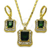Juego de Arete y Dije de Adulto 10.196.0016.2 Oro Laminado, Diseño de Cluster, con Zirconia Cubica Verde y Micro PaveBlanca, Pulido, Dorado