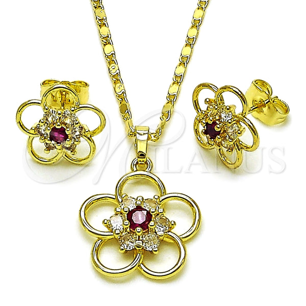 Juego de Arete y Dije de Adulto 10.196.0167.1 Oro Laminado, Diseño de Flor, con Blanca and Rubi Zirconia Cubica, Pulido, Tono Dorado