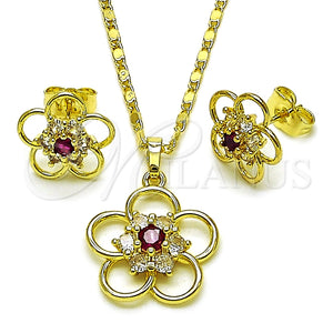 Juego de Arete y Dije de Adulto 10.196.0167.1 Oro Laminado, Diseño de Flor, con Blanca and Rubi Zirconia Cubica, Pulido, Tono Dorado