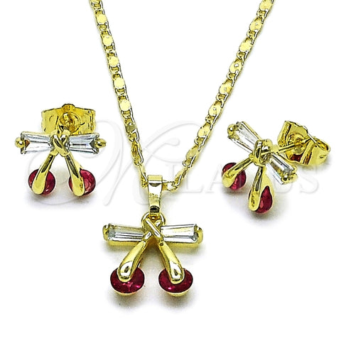 Juego de Arete y Dije de Adulto 10.196.0198 Oro Laminado, Diseño de Cereza, con Zirconia Cubica Rubi y Blanca, Pulido, Dorado