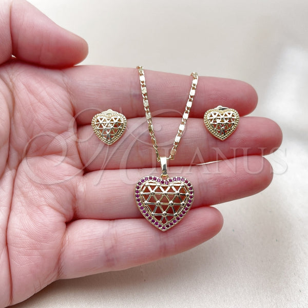 Juego de Arete y Dije de Adulto 10.196.0199 Oro Laminado, Diseño de Corazón y File, con Rubi Zirconia Cubica, Pulido, Tono Dorado