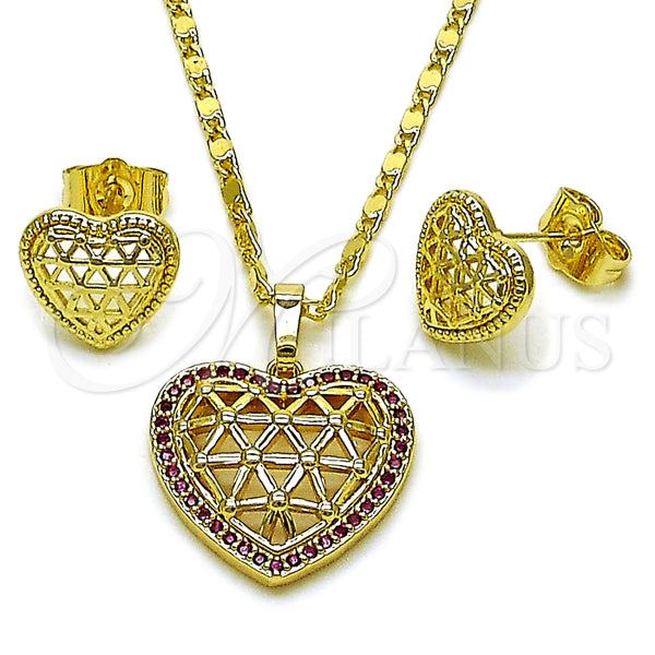 Juego de Arete y Dije de Adulto 10.196.0199 Oro Laminado, Diseño de Corazón y File, con Rubi Zirconia Cubica, Pulido, Tono Dorado