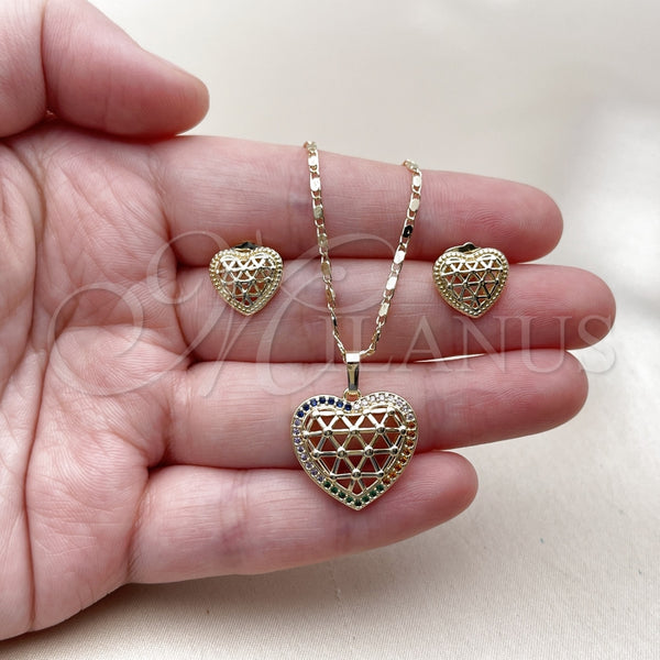 Juego de Arete y Dije de Adulto 10.196.0199.1 Oro Laminado, Diseño de Corazón y File, con Multicolor Zirconia Cubica, Pulido, Tono Dorado