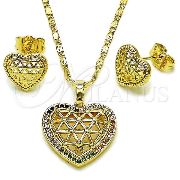 Juego de Arete y Dije de Adulto 10.196.0199.1 Oro Laminado, Diseño de Corazón y File, con Multicolor Zirconia Cubica, Pulido, Tono Dorado