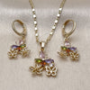 Juego de Arete y Dije de Adulto 10.196.0205 Oro Laminado, Diseño de Flor y Mariposa, con Multicolor Zirconia Cubica, Pulido, Tono Dorado