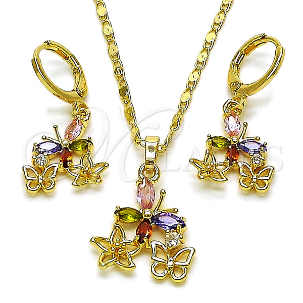 Juego de Arete y Dije de Adulto 10.196.0205 Oro Laminado, Diseño de Flor y Mariposa, con Multicolor Zirconia Cubica, Pulido, Tono Dorado