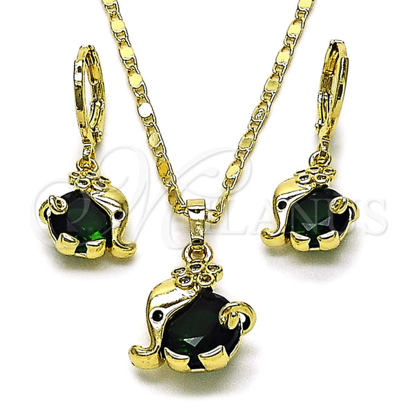 Juego de Arete y Dije de Adulto 10.196.0206 Oro Laminado, Diseño de Elefante y Flor, con Verde and Blanca Zirconia Cubica, Pulido, Tono Dorado
