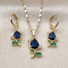 Juego de Arete y Dije de Adulto 10.196.0208 Oro Laminado, Diseño de Flor, con Zafiro Azul and Verde Zirconia Cubica, Pulido, Tono Dorado
