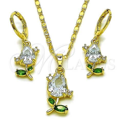 Juego de Arete y Dije de Adulto 10.196.0208.1 Oro Laminado, Diseño de Flor, con Blanca and Verde Zirconia Cubica, Pulido, Tono Dorado