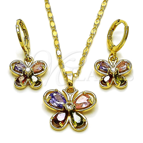 Juego de Arete y Dije de Adulto 10.196.0213 Oro Laminado, Diseño de Mariposa, con Multicolor and Blanca Zirconia Cubica, Pulido, Tono Dorado