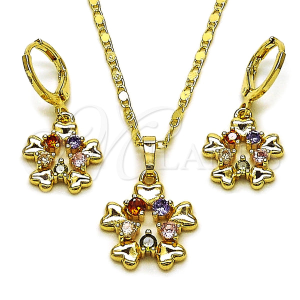 Juego de Arete y Dije de Adulto 10.196.0214 Oro Laminado, Diseño de Flor y Corazón, con Multicolor Zirconia Cubica, Pulido, Tono Dorado