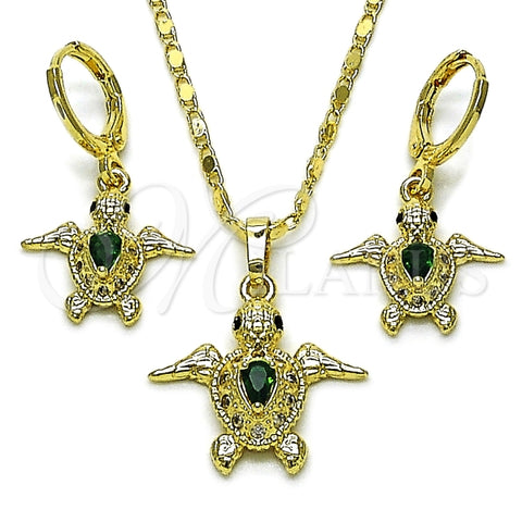 Juego de Arete y Dije de Adulto 10.196.0140.2 Oro Laminado, Diseño de Tortuga y Gota, Diseño de Tortuga, con Zirconia Cubica Verde y Blanca, Pulido, Dorado