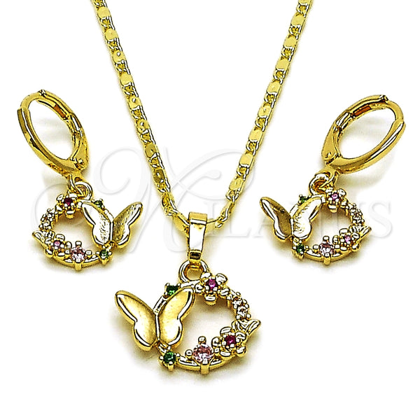 Juego de Arete y Dije de Adulto 10.196.0220 Oro Laminado, Diseño de Mariposa y Flor, con Multicolor Zirconia Cubica, Pulido, Tono Dorado