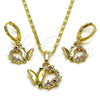 Juego de Arete y Dije de Adulto 10.196.0220 Oro Laminado, Diseño de Mariposa y Flor, con Multicolor Zirconia Cubica, Pulido, Tono Dorado