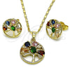 Juego de Arete y Dije de Adulto 10.196.0222 Oro Laminado, Diseño de Ãrbol y Gota, con Multicolor Zirconia Cubica, Pulido, Tono Dorado