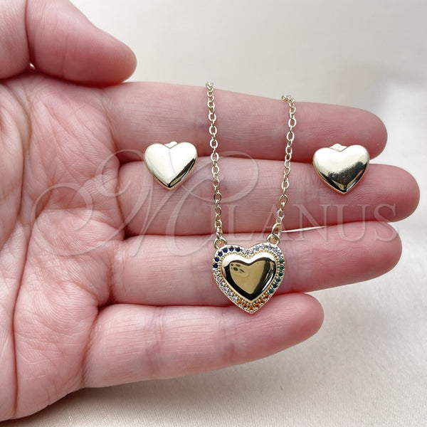 Juego de Arete y Dije de Adulto 10.196.0223 Oro Laminado, Diseño de Corazón, con Multicolor Micro Pave, Pulido, Tono Dorado