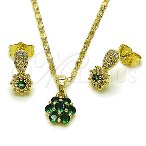 Juego de Arete y Dije de Adulto 10.196.0228 Oro Laminado, Diseño de Flor, con Zirconia Cubica Verde y Blanca, Pulido, Tono Dorado