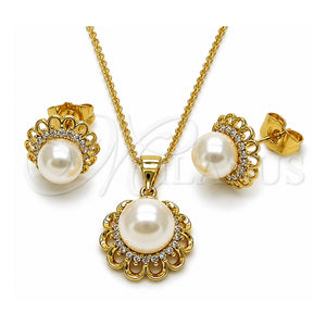 Juego de Arete y Dije de Adulto 10.156.0557 Oro Laminado, Diseño de Flor y Cluster, con Marfil Perla and Blanca Zirconia Cubica, Pulido, Tono Dorado