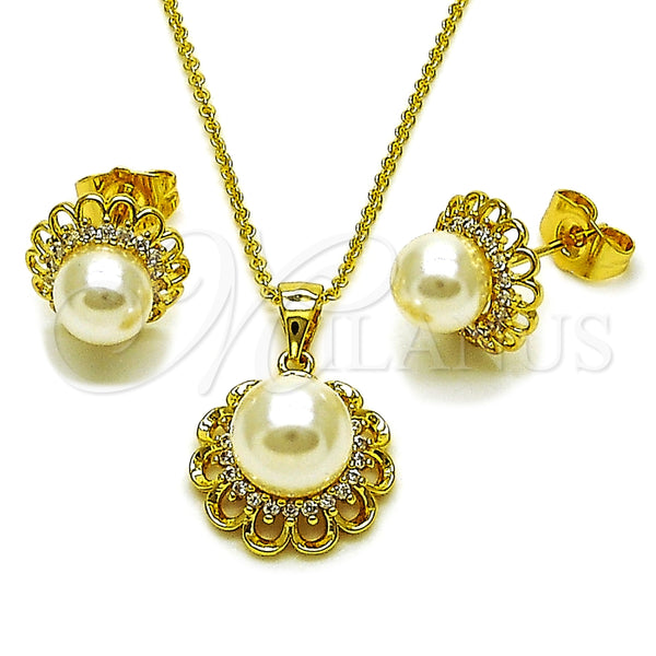 Juego de Arete y Dije de Adulto 10.156.0557 Oro Laminado, Diseño de Flor y Cluster, con Marfil Perla and Blanca Zirconia Cubica, Pulido, Tono Dorado
