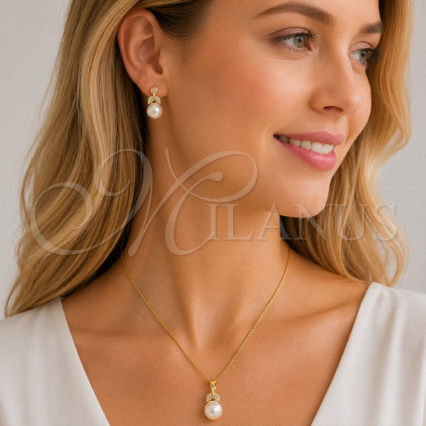 Juego de Arete y Dije de Adulto 10.156.0558 Oro Laminado, Diseño de Oja y Bola, con Marfil Perla and Blanca Zirconia Cubica, Pulido, Tono Dorado