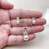 Juego de Arete y Dije de Adulto 10.156.0558 Oro Laminado, Diseño de Oja y Bola, con Marfil Perla and Blanca Zirconia Cubica, Pulido, Tono Dorado