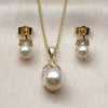 Juego de Arete y Dije de Adulto 10.156.0558 Oro Laminado, Diseño de Oja y Bola, con Marfil Perla and Blanca Zirconia Cubica, Pulido, Tono Dorado