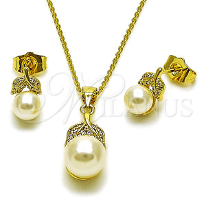 Juego de Arete y Dije de Adulto 10.156.0558 Oro Laminado, Diseño de Oja y Bola, con Marfil Perla and Blanca Zirconia Cubica, Pulido, Tono Dorado