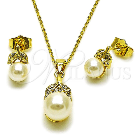 Juego de Arete y Dije de Adulto 10.156.0558 Oro Laminado, Diseño de Oja y Bola, con Marfil Perla and Blanca Zirconia Cubica, Pulido, Tono Dorado