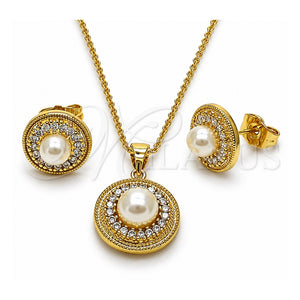 Juego de Arete y Dije de Adulto 10.156.0560 Oro Laminado, Diseño de Bola y Cluster, con Perla Marfil y Zirconia Cubica Blanca, Pulido, Tono Dorado