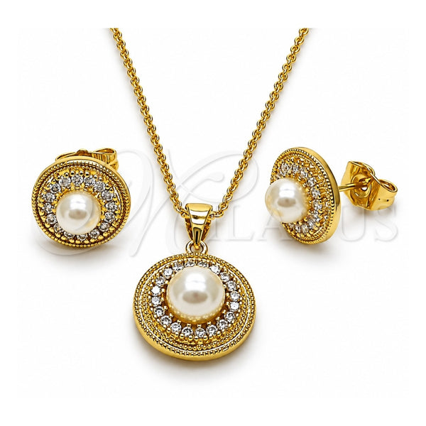 Juego de Arete y Dije de Adulto 10.156.0560 Oro Laminado, Diseño de Bola y Cluster, con Perla Marfil y Zirconia Cubica Blanca, Pulido, Tono Dorado