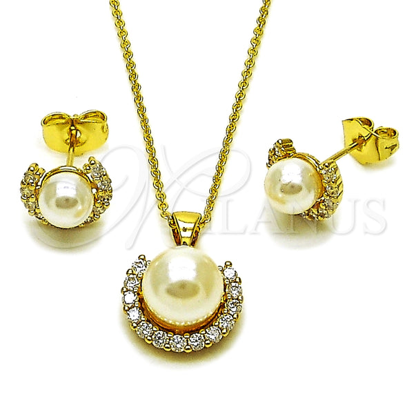 Juego de Arete y Dije de Adulto 10.156.0561 Oro Laminado, Diseño de Cluster y Bola, con Marfil Perla and Blanca Zirconia Cubica, Pulido, Tono Dorado