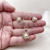 Juego de Arete y Dije de Adulto 10.156.0563 Oro Laminado, Diseño de Flor y Bola, con Perla Marfil y Micro Pave Blanca, Pulido, Tono Dorado