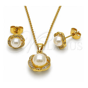 Juego de Arete y Dije de Adulto 10.156.0563 Oro Laminado, Diseño de Flor y Bola, con Perla Marfil y Micro Pave Blanca, Pulido, Tono Dorado
