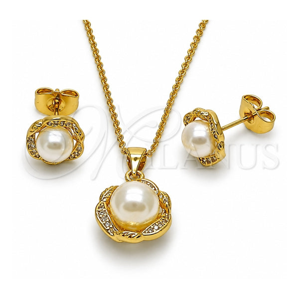 Juego de Arete y Dije de Adulto 10.156.0563 Oro Laminado, Diseño de Flor y Bola, con Perla Marfil y Micro Pave Blanca, Pulido, Tono Dorado