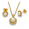 Juego de Arete y Dije de Adulto 10.156.0563 Oro Laminado, Diseño de Flor y Bola, con Perla Marfil y Micro Pave Blanca, Pulido, Tono Dorado
