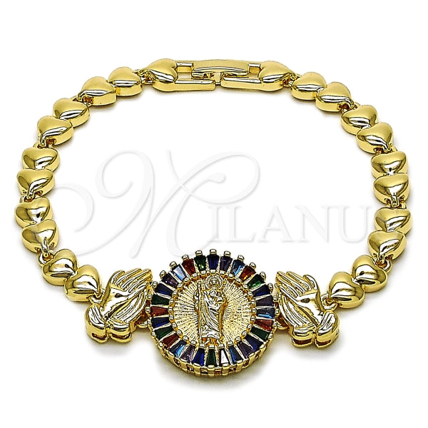 Pulsera Elegante 03.196.0020.07 Oro Laminado, Diseño de San Judas y Manos de Rogacion, Diseño de San Judas, con Zirconia Cubica Multicolor, Pulido, Dorado