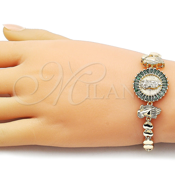 Pulsera Elegante 03.196.0021.07 Oro Laminado, Diseño de Guadalupe y Manos de Rogacion, con Verde Zirconia Cubica, Pulido, Tono Dorado (Thickness, 8 Inches Length)