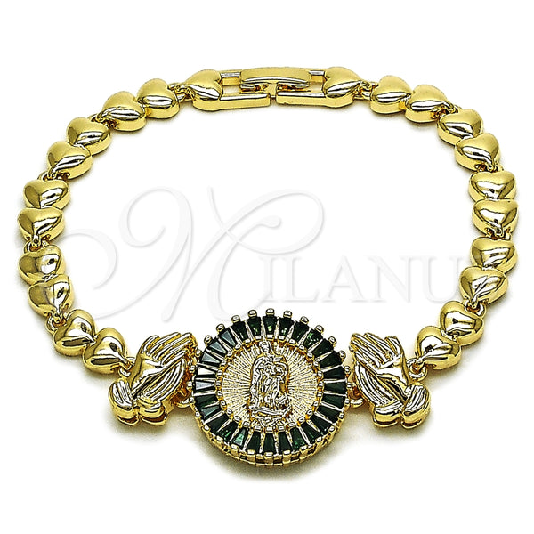 Pulsera Elegante 03.196.0021.07 Oro Laminado, Diseño de Guadalupe y Manos de Rogacion, con Verde Zirconia Cubica, Pulido, Tono Dorado (Thickness, 8 Inches Length)