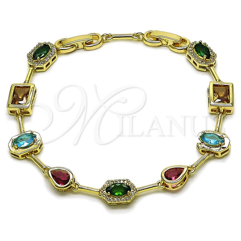 Pulsera Tennis 03.196.0019.1.07 Oro Laminado, Diseño de Gota y Cluster, Diseño de Gota, con Zirconia Cubica Multicolor y Blanca, Pulido, Dorado